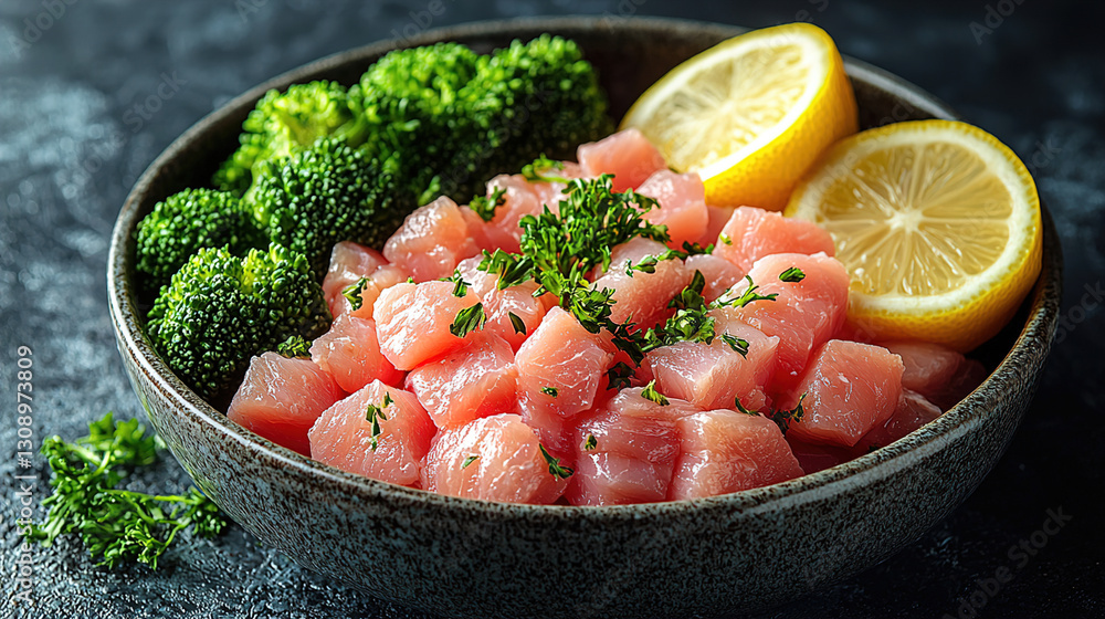 Fresh diced tuna with lemon and steamed broccoli served in a decorative bowl on a dark textured background. Generative AI Fresh diced tuna with lemon and steamed broccoli served in a decorative bowl on a dark textured background. Generative AI