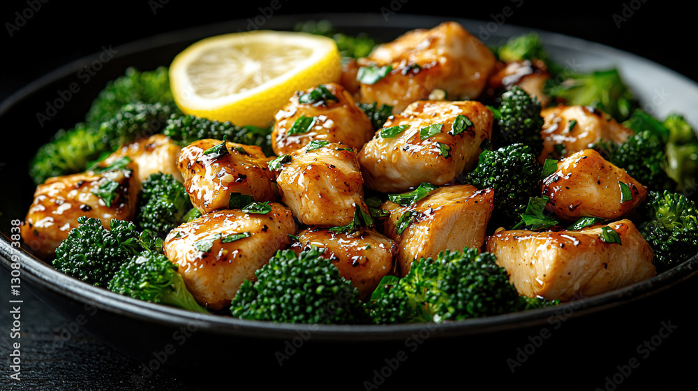 Delicious chicken stir-fry with broccoli and lemon served on a black plate. Generative AI Delicious chicken stir-fry with broccoli and lemon served on a black plate. Generative AI