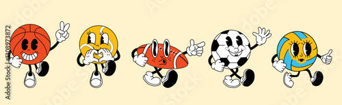 A set of retro cartoon-style sport ball characters featuring a groovy 70s inspired design. Each ball has a fun, expressive face with bold colors, vintage textures, and playful details