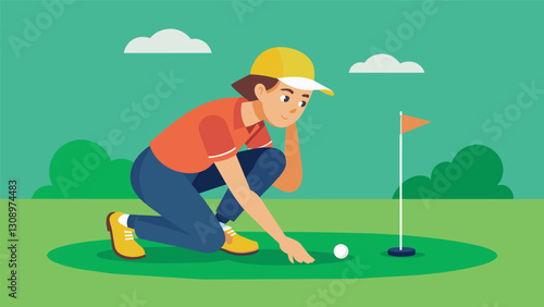 A determined amateur golfer studying the green and making precise calculations before sinking a crucial putt.. Vector illustration