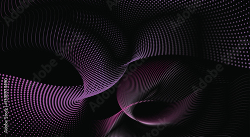 Dynamic monochrome halftone dots: abstract wave patterns for technology and sound, A dynamic particle waves, A halftone gradient on blue background.	