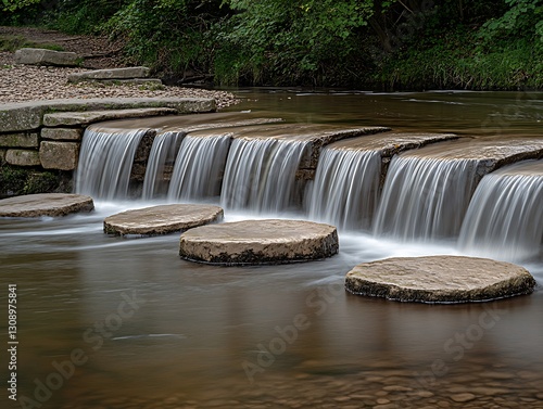 Stones cross creek in woods, long exposure photo