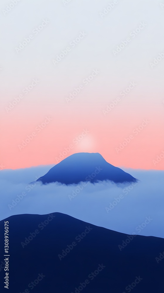 A mountain range shrouded in clouds beneath a vibrant sunset A mountain range shrouded in clouds beneath a vibrant sunset
