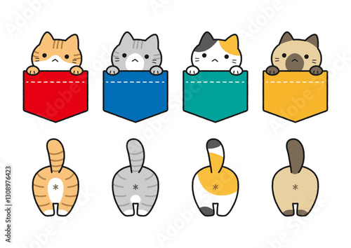 ポケットから顔を出す猫と猫のお尻のイラストセット