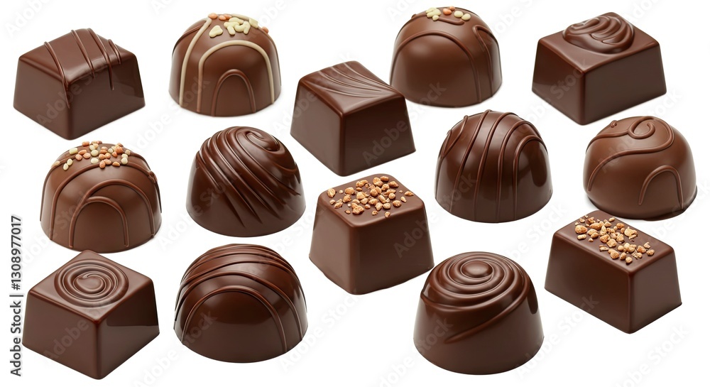 Assorted Chocolate Candies Collection with Delicious Toppings Isolated on White Surface Assorted Chocolate Candies Collection with Delicious Toppings Isolated on White Surface