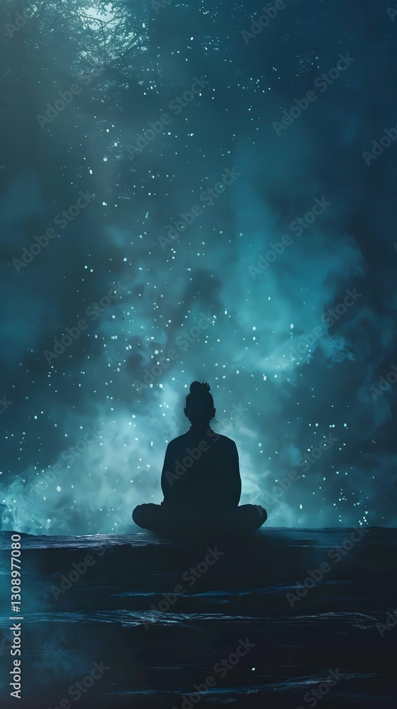 A serene silhouette of a person meditating amidst a mystical backdrop of swirling blue mist and sparkling stars, evoking tranquility and introspection. A serene silhouette of a person meditating amidst a mystical backdrop of swirling blue mist and sparkling stars, evoking tranquility and introspection.