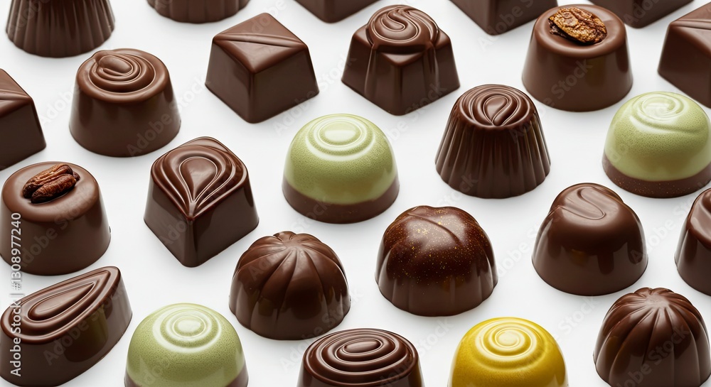 Variety of Chocolate Pralines and Truffles Displayed on White Surface Variety of Chocolate Pralines and Truffles Displayed on White Surface