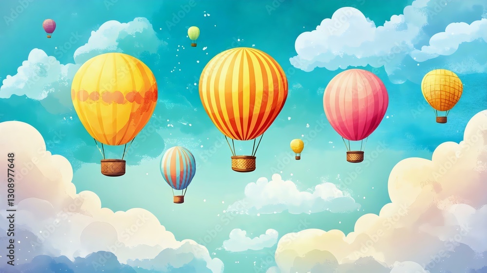 Colorful hot air balloons floating in a blue sky filled with fluffy clouds. A whimsical and cheerful illustration perfect for travel or adventure. Colorful hot air balloons floating in a blue sky filled with fluffy clouds. A whimsical and cheerful illustration perfect for travel or adventure.