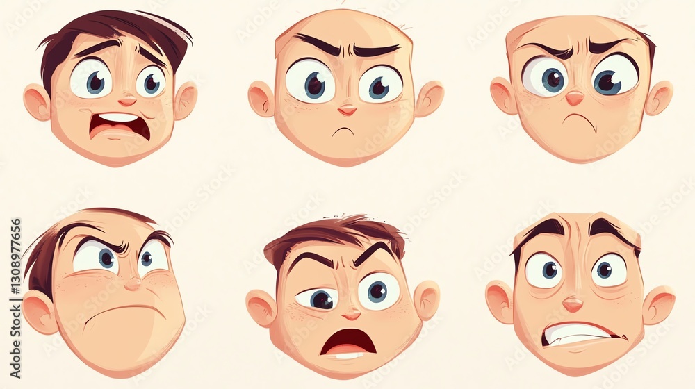 A set of six cartoon facial expressions showcasing various emotions, including surprise, anger, confusion, and happiness. A set of six cartoon facial expressions showcasing various emotions, including surprise, anger, confusion, and happiness.