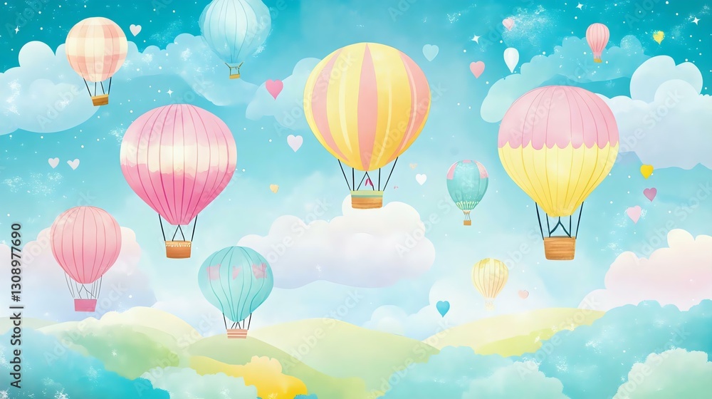 Fototapeta premium A colorful illustration of hot air balloons floating in a bright blue sky with soft clouds and hearts, perfect for a cheerful and whimsical design.