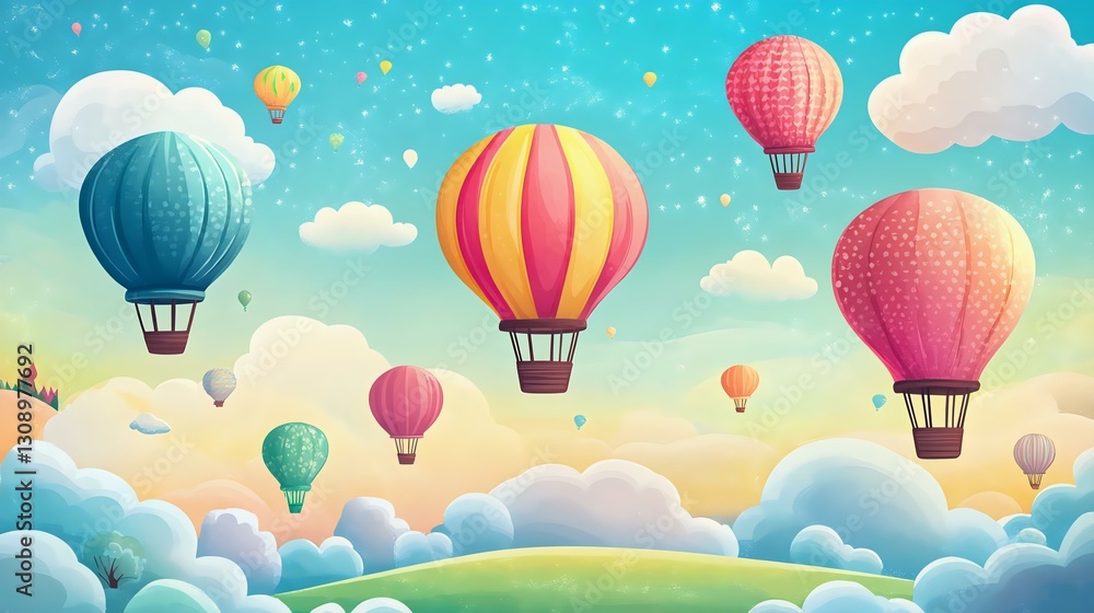 Colorful hot air balloons floating in a beautiful sky filled with fluffy clouds, evoking a sense of adventure and freedom in a magical landscape. Colorful hot air balloons floating in a beautiful sky filled with fluffy clouds, evoking a sense of adventure and freedom in a magical landscape.