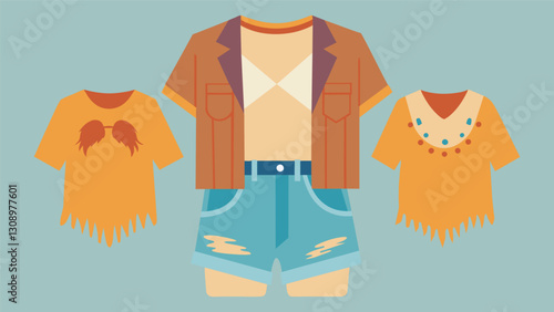 A festivalready ensemble with a fringed kimono distressed denim shorts and a vintage band tee all thrifted.. Vector illustration