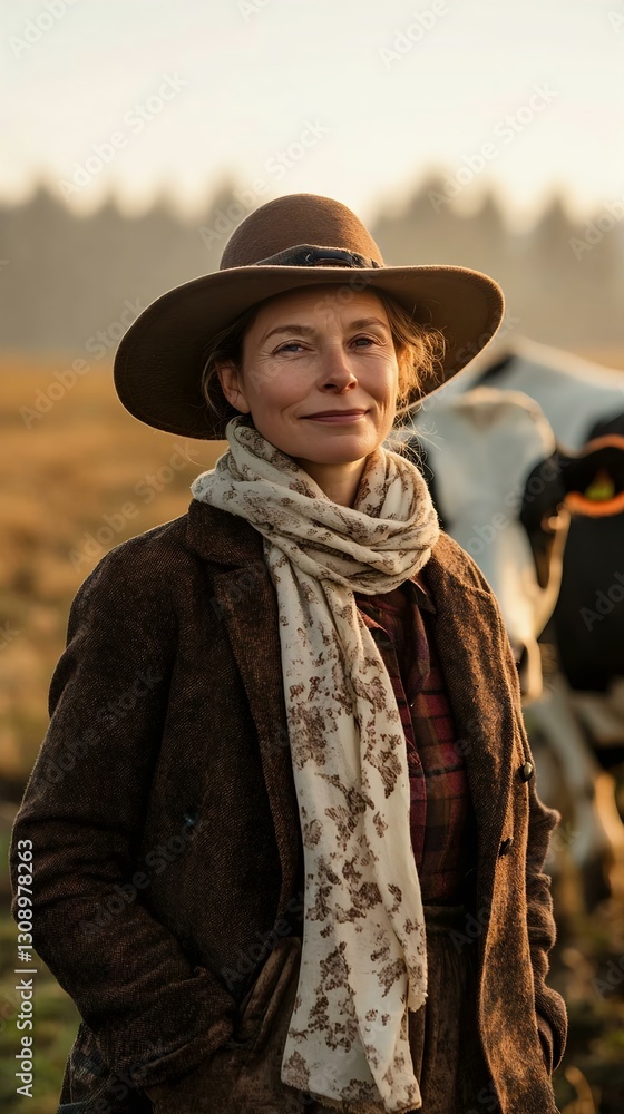 A confident female farmer standing in a field, wearing a hat and scarf, with cows in the background, depicting rural life and agriculture. A confident female farmer standing in a field, wearing a hat and scarf, with cows in the background, depicting rural life and agriculture.