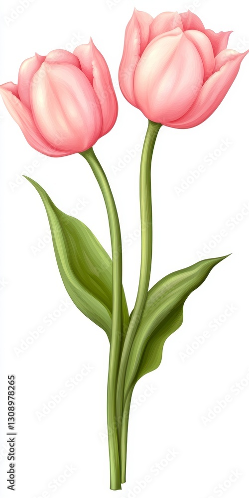 Two Delicate Pink Tulips with Green Leaves on White Background Two Delicate Pink Tulips with Green Leaves on White Background