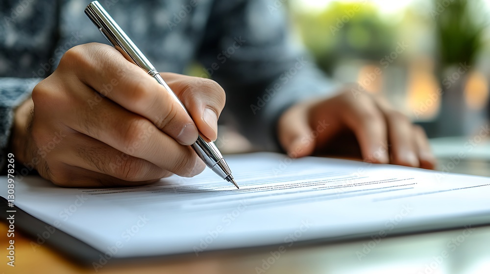 Business Professional Signing a Document, A person in a suit signing a document with a pen on a wooden desk Business Professional Signing a Document, A person in a suit signing a document with a pen on a wooden desk