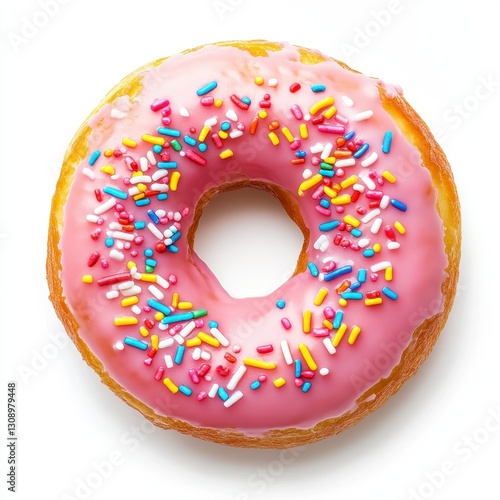 Pink Glazed Donut with Colorful Sprinkles on White Background