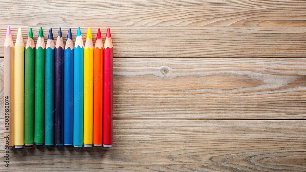 Minimalist Aerial Crayon Flatlay: Natural Wooden Texture Background with Copy Space Minimalist Aerial Crayon Flatlay: Natural Wooden Texture Background with Copy Space
