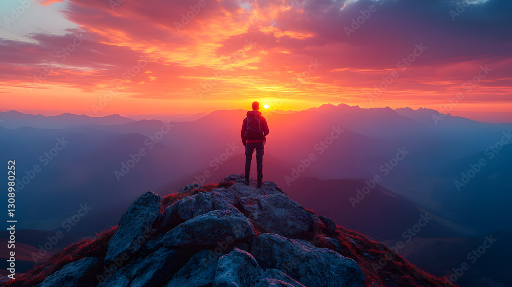 A vibrant sunset over a dramatic mountain range, a hiker silhouetted against the sky as they stand on a rocky outcrop, gazing at the horizon.