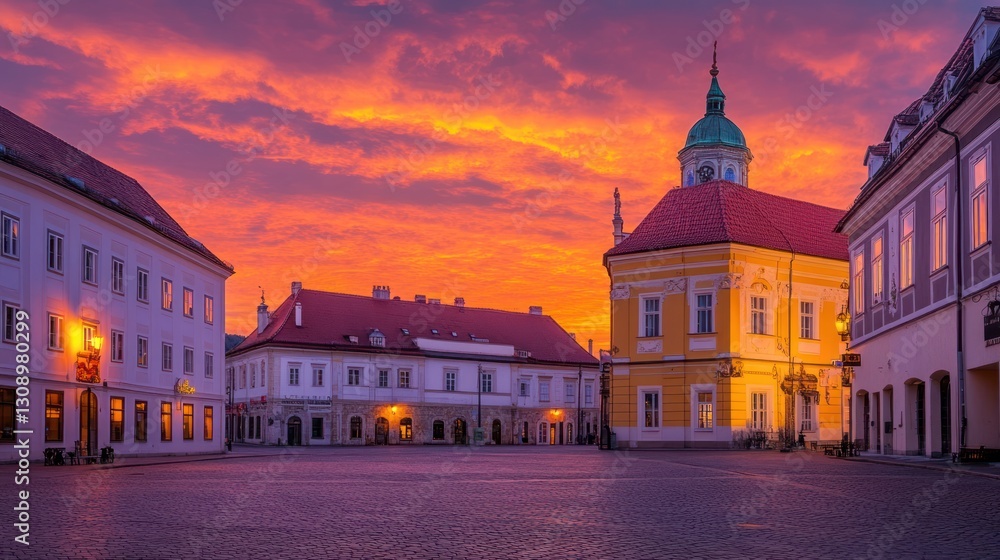 Naklejka premium Sunrise town square, colorful sky, historic buildings, calm morning, travel tourism