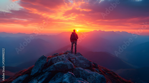Obraz na płótnie A vibrant sunset over a dramatic mountain range, a hiker silhouetted against the sky as they stand on a rocky outcrop, gazing at the horizon. w salonie
