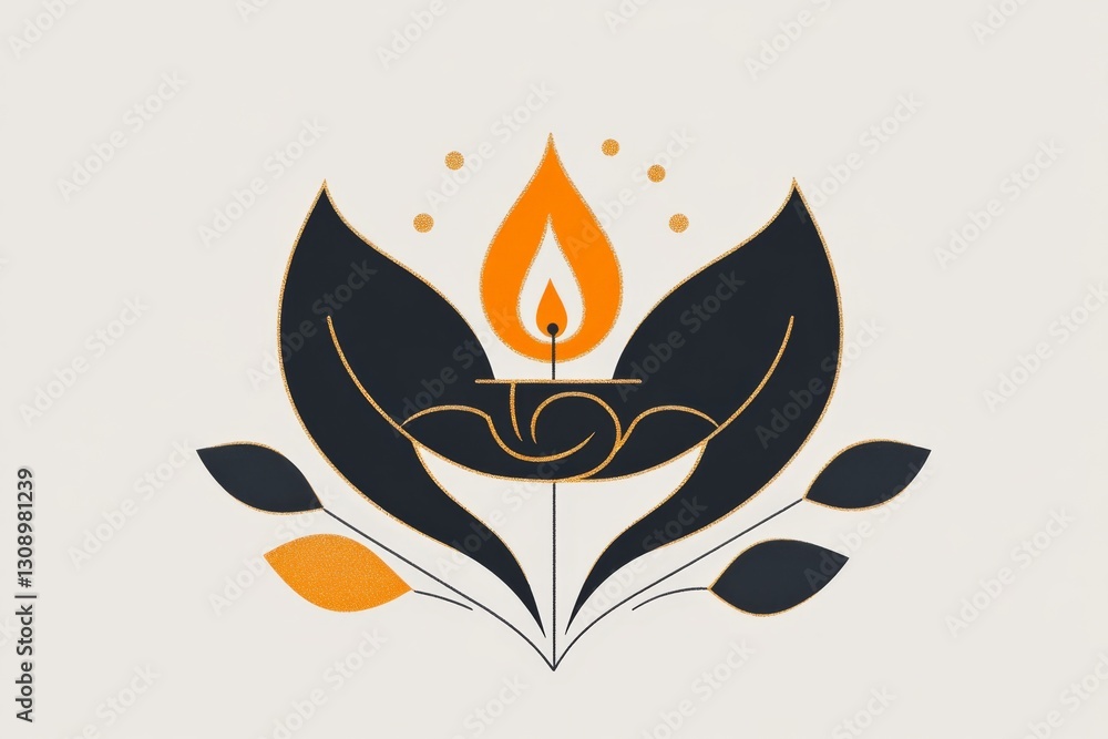 A simple icon of a diya (oil lamp) with Ganesh outline in the flame, rendered in minimal gold accents A simple icon of a diya (oil lamp) with Ganesh outline in the flame, rendered in minimal gold accents