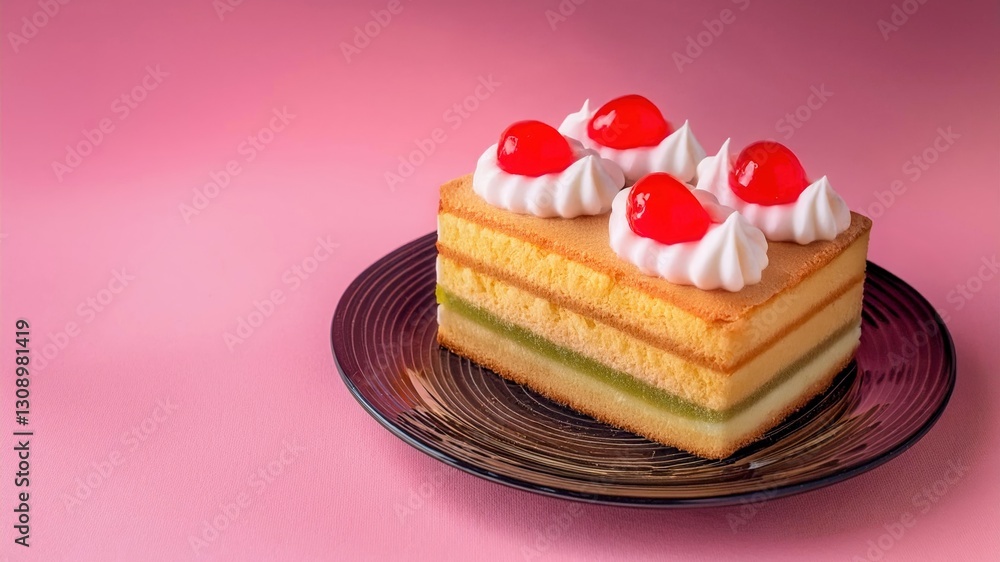 A cake with jelly and cream. Candied cherries on top. pink background with space for text. A cake with jelly and cream. Candied cherries on top. pink background with space for text.
