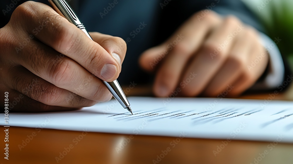 Business Professional Signing a Document, A person in a suit signing a document with a pen on a wooden desk Business Professional Signing a Document, A person in a suit signing a document with a pen on a wooden desk