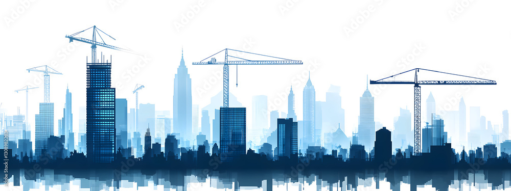 Obraz premium A blue silhouette of buildings and construction cranes on white background vector illustration