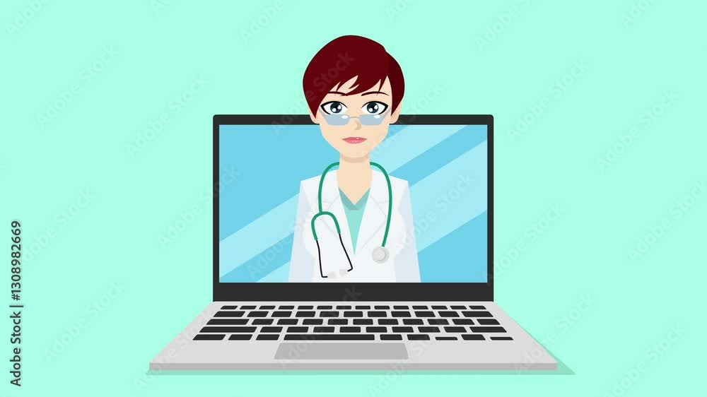 Flat style Animation. A female doctor appears on the laptop screen and starts speaking. The doctor is dressed in a lab coat, wears glasses, and has a stethoscope. Speech animation in an easy-to-edit. Flat style Animation. A female doctor appears on the laptop screen and starts speaking. The doctor is dressed in a lab coat, wears glasses, and has a stethoscope. Speech animation in an easy-to-edit.