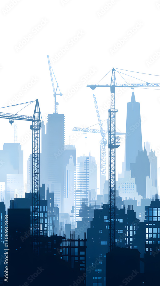 Obraz premium A blue silhouette of buildings and construction cranes on white background vector illustration 