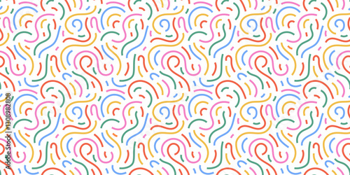 Fun colorful line doodle seamless pattern. Creative minimalist style art background for children or trendy design with basic shapes. Simple childish scribble backdrop. Vector stock background