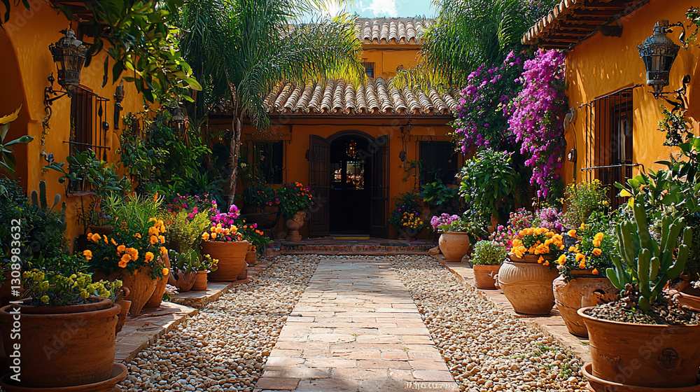 Fototapeta premium Vibrant courtyard filled with colorful flowers and lush greenery in a sunny, tropical setting. Generative AI