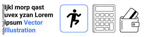 Businessman running icon, calculator, and wallet with cards, paired with placeholder text for layout design projects. Ideal for finance applications, productivity tools, budgeting, business