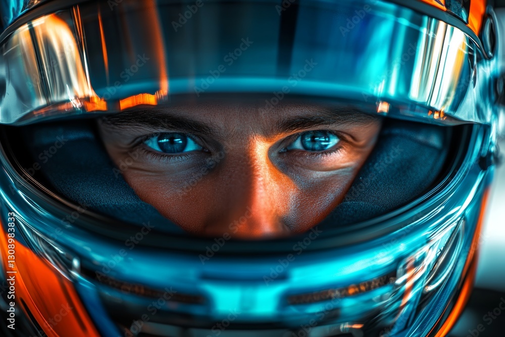 Intense close up of a race car driver focused expression reflected in helmet visor Intense close up of a race car driver focused expression reflected in helmet visor