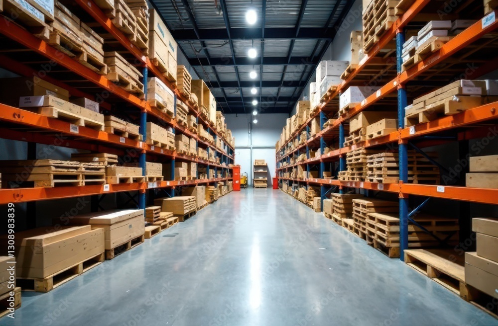 Storage area with organized shelves and packed boxes in a warehouse Storage area with organized shelves and packed boxes in a warehouse