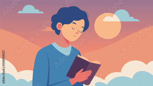 A young person cradles a journal close to their chest staring out at a sunrise their face radiating a sense of calm and serenity.. Vector illustration