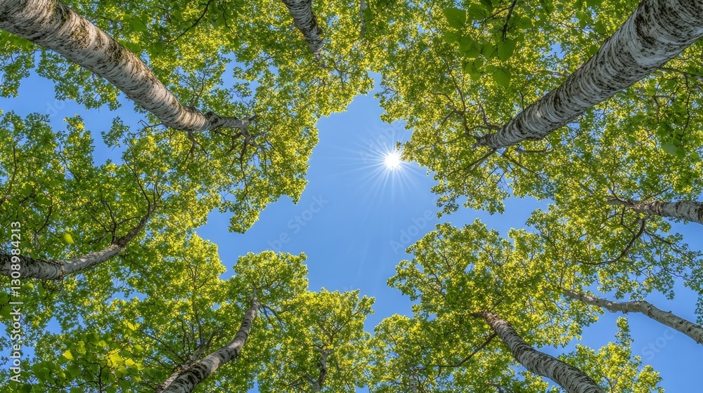 Fototapeta premium Circle of Green Low Angle View of Lush Summer Trees and Sun Shining Through Leaf Canopy