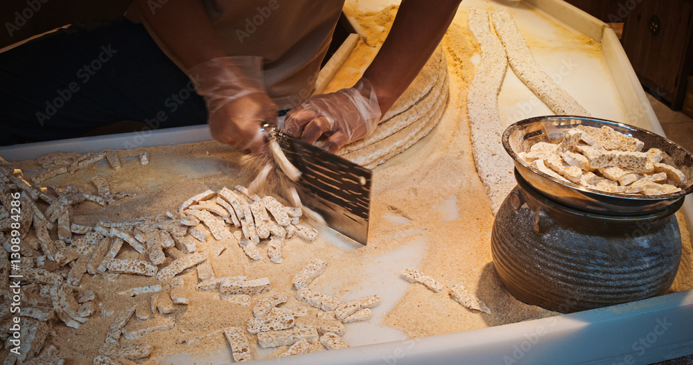 Chengdu, Sichuan, China. Slicing Sweets From Crunchy Kudzu Root. Asian Street Food. Asian Cuisine. Popular Street Snacks. Gastronomic Tourism. Travel China. Signature Dishes Of Sichuan And Chongqing