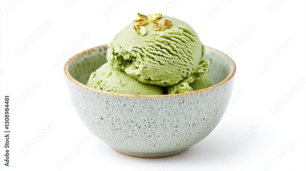 Obraz premium A bowl of creamy green ice cream scoops garnished with delicate embellishments, exuding a refreshing and delightful appearance.