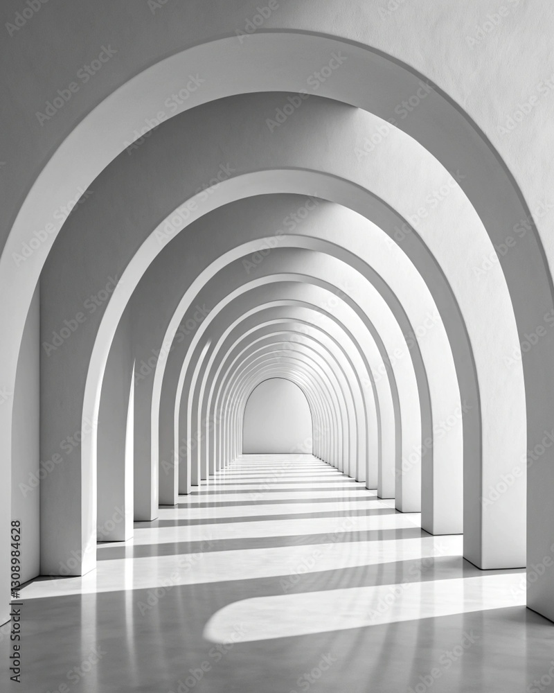 Obraz premium A black and white photograph depicts a series of white arches receding into the distance, creating a sense of depth and perspective.