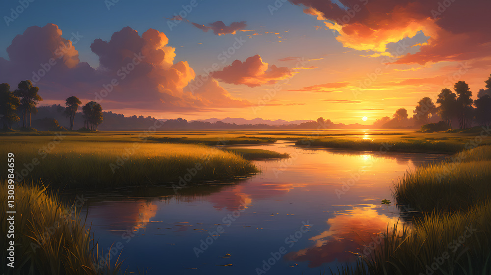 Golden Marsh Sunset Over Tranquil Waters with a Vibrant Sky Reflection Golden Marsh Sunset Over Tranquil Waters with a Vibrant Sky Reflection