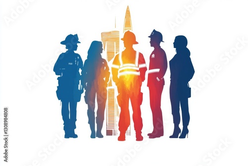 A stylized silhouette of first responders standing together, drawn with bold outlines and a single-color gradient