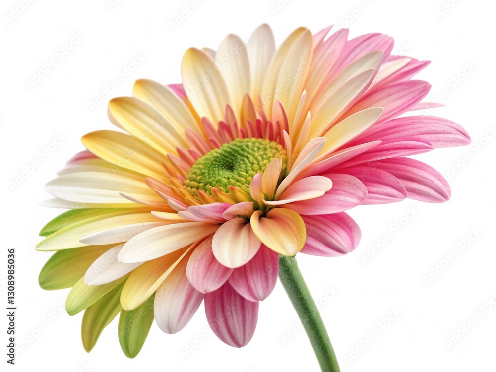 A close-up shot of a gerbera daisy with white, pink, and yellow petals, and a green center A close-up shot of a gerbera daisy with white, pink, and yellow petals, and a green center