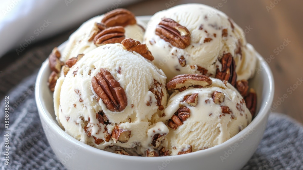 Delicious ice cream scoops with crunchy pecans, served in a bowl, perfect for dessert lovers and a sweet treat for any occasion. Delicious ice cream scoops with crunchy pecans, served in a bowl, perfect for dessert lovers and a sweet treat for any occasion.