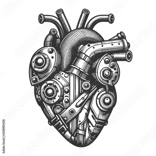Robotic biomechanical heart with intricate pipes, gears, and tubes, steampunk and futuristic cybernetic aesthetics sketch engraving generative ai vector illustration. Scratch board. Black and white