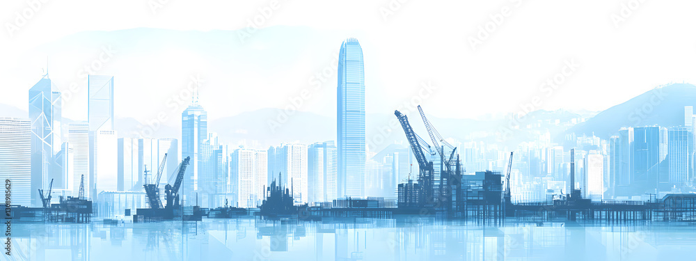 Obraz premium A blue silhouette of buildings and construction cranes on white background vector illustration 