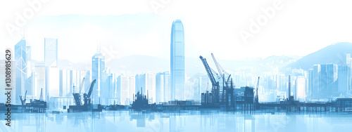 A blue silhouette of buildings and construction cranes on white background vector illustration
