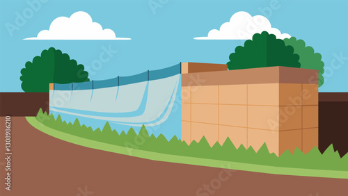 Use of landscaping fabric behind the retaining wall to prevent soil seeping through and to aid in drainage.. Vector illustration