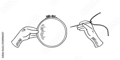 Hand-drawn cartoon embroidery illustration with hoop and needlework.