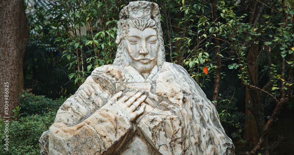 Chengdu, Sichuan, China. Stone Statue Of Taoyuan Jieyi In Peach Orchard Wuhou Memorial Three Kingdoms Temple. Garden Area Of Wuhou Memorial Temple. Imposing Stone Carving Works Of Three Brothers